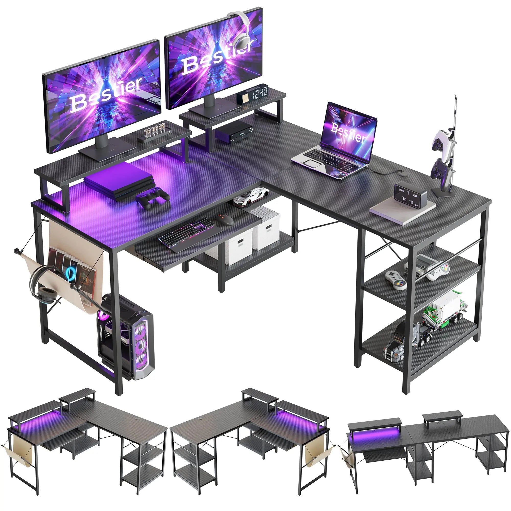 Bestier L Shaped Gaming Desk or 2 Person Long Table with Shelves Monitor Stand and Keyboard Tray Bestier