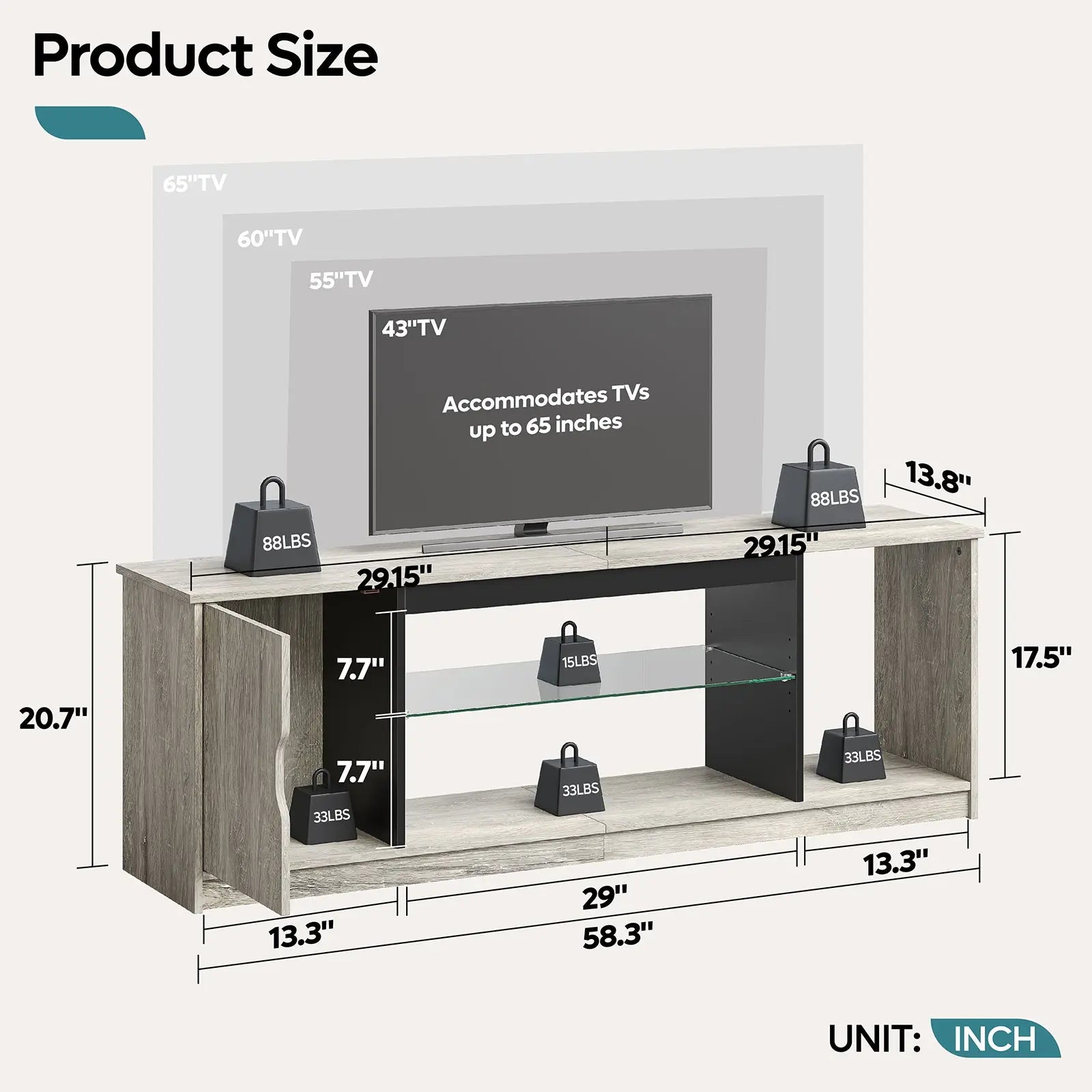 57-inch Gaming TV Stand with RGB Lights, Adjustable Glass Shelves & PS Console Storage Bestier