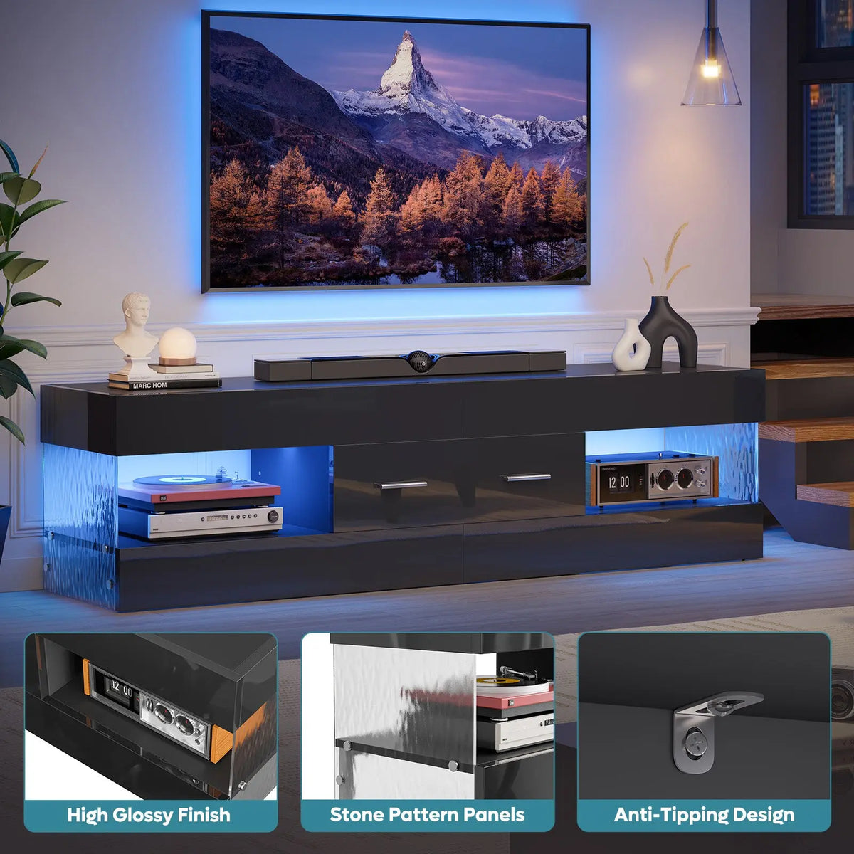 Bestier 60" High Gloss RGB LED TV Stand - Engineered Wood Minimalist Modern Media Console, Pull-Out Storage Drawer, Ripple Texture Acrylic Side Panels, Supports 65" TV, Man Cave Furniture Bestier