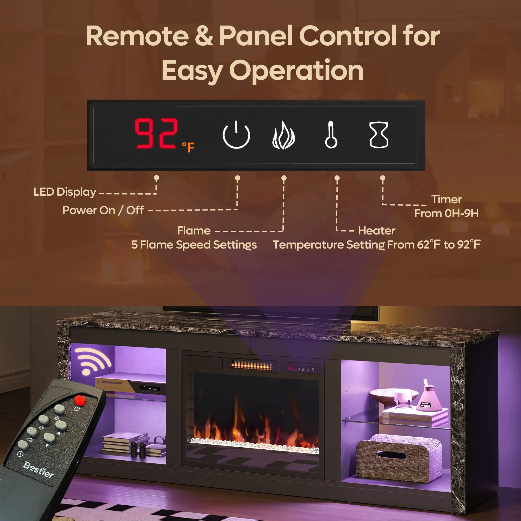 Bestier Modern Electric Fireplace TV Stand for TVs up to 55", with LED and Glass Shelves Bestier