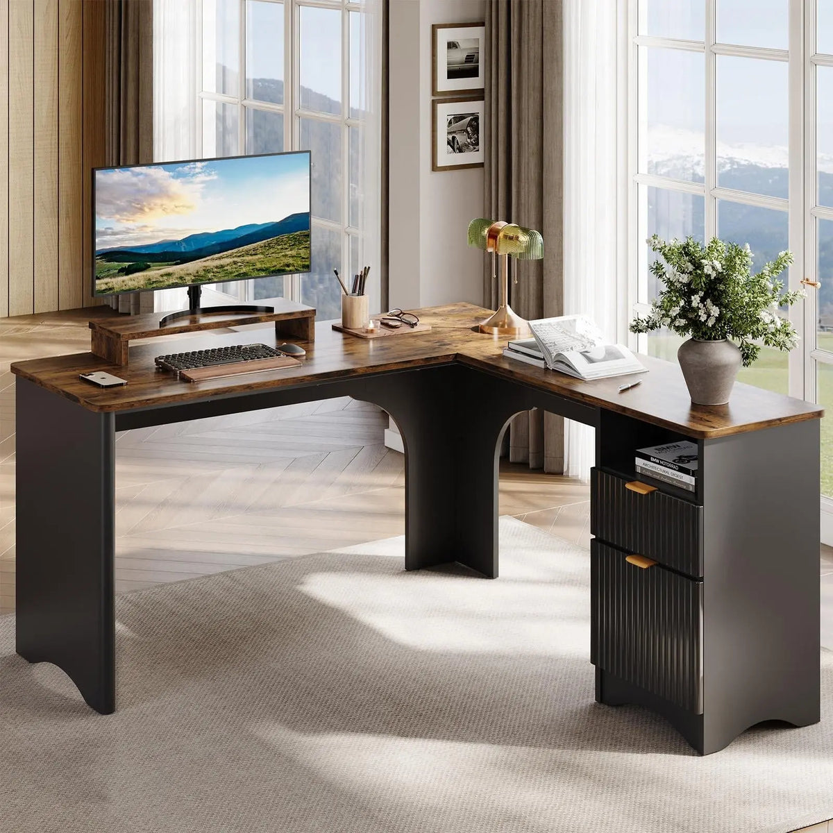 BESTIER Adjustable L-Shaped Ergonomic Gaming PC Desk - Office Furniture with Monitor Stand, A4 Drawer Fit, Open Shelf, Posture Support, Dual Monitor Compatibility, Sturdy Desks & Workstations, Assembly Required, Home Office Use Bestier
