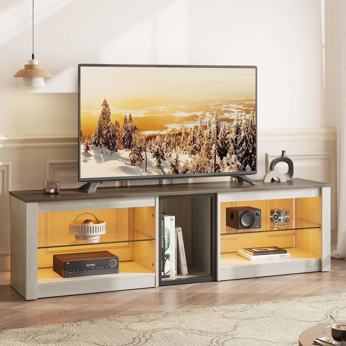 Bestier 63-inch TV Stand for 70 inch TV, Gaming Entertainment Center for PS5, LED TV Cabinet with Glass Shelves for Living Room Bestier
