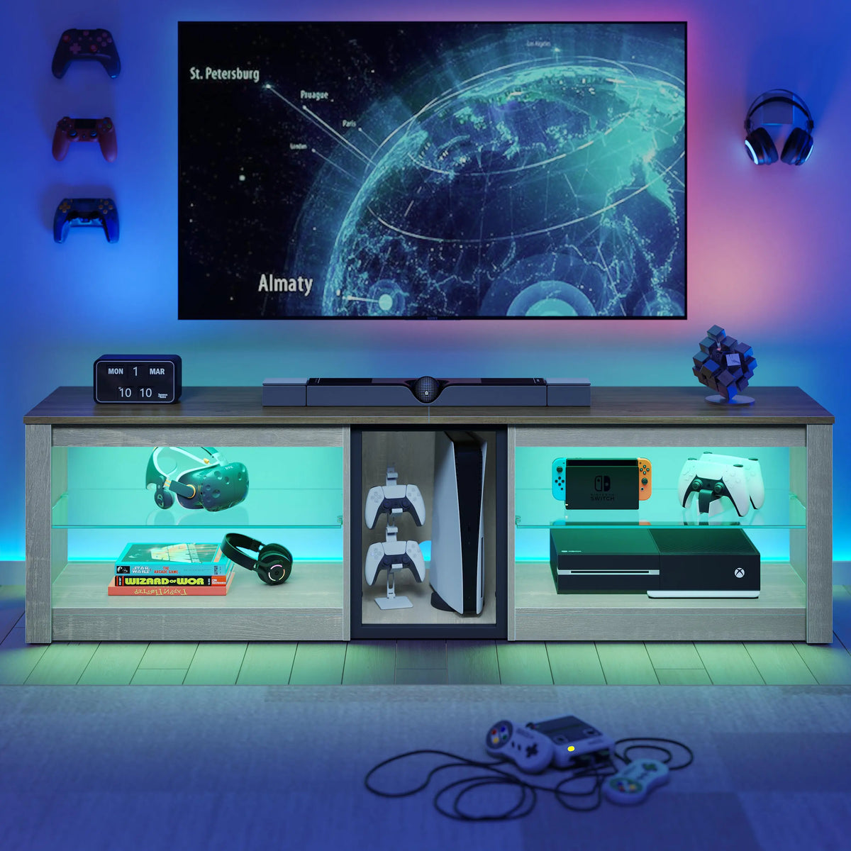 Bestier 63-inch TV Stand for 70 inch TV, Gaming Entertainment Center for PS5, LED TV Cabinet with Glass Shelves for Living Room Bestier