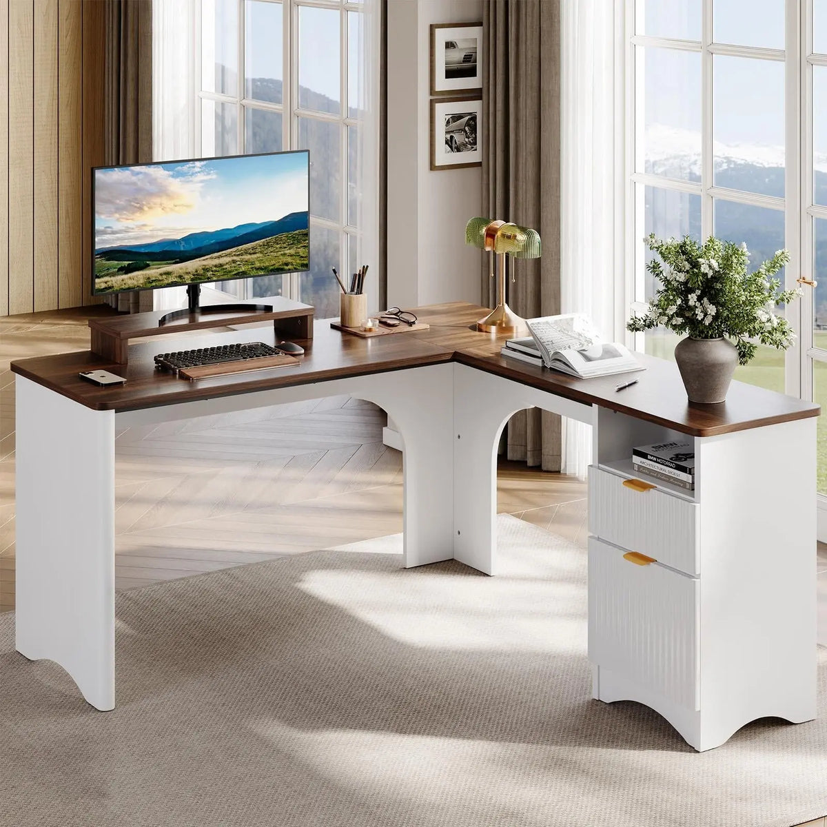 BESTIER Adjustable L-Shaped Ergonomic Gaming PC Desk - Office Furniture with Monitor Stand, A4 Drawer Fit, Open Shelf, Posture Support, Dual Monitor Compatibility, Sturdy Desks & Workstations, Assembly Required, Home Office Use Bestier