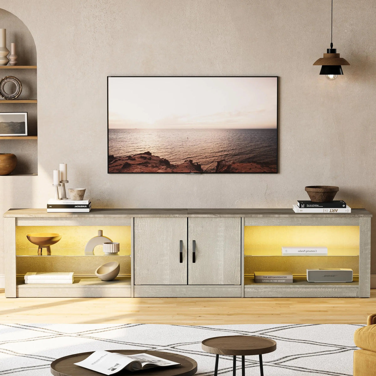 Bestier 80in RGB Rectangular Wood-Metal TV Stand - Fits Up to 85in Screens, Light Wood & Minimalist Multimedia Centre, Modern Home Decor, Storage Cabinet, Adjustable Glass Shelves, Remote-Controlled Color-Changing Lights, Living Room Media Stand, Light Wo Bestier
