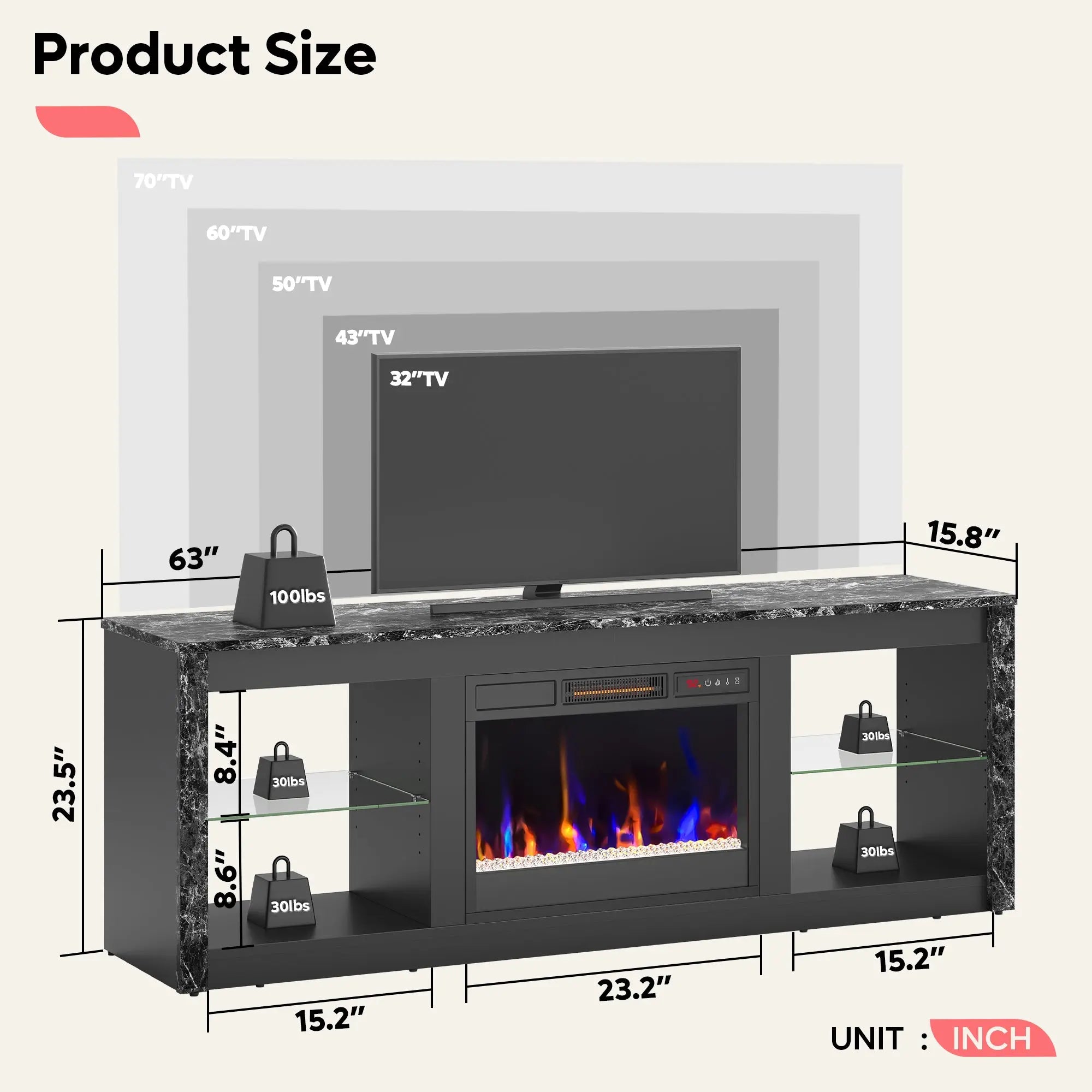 Bestier Modern Electric Fireplace TV Stand for TVs up to 55", with LED and Glass Shelves Bestier
