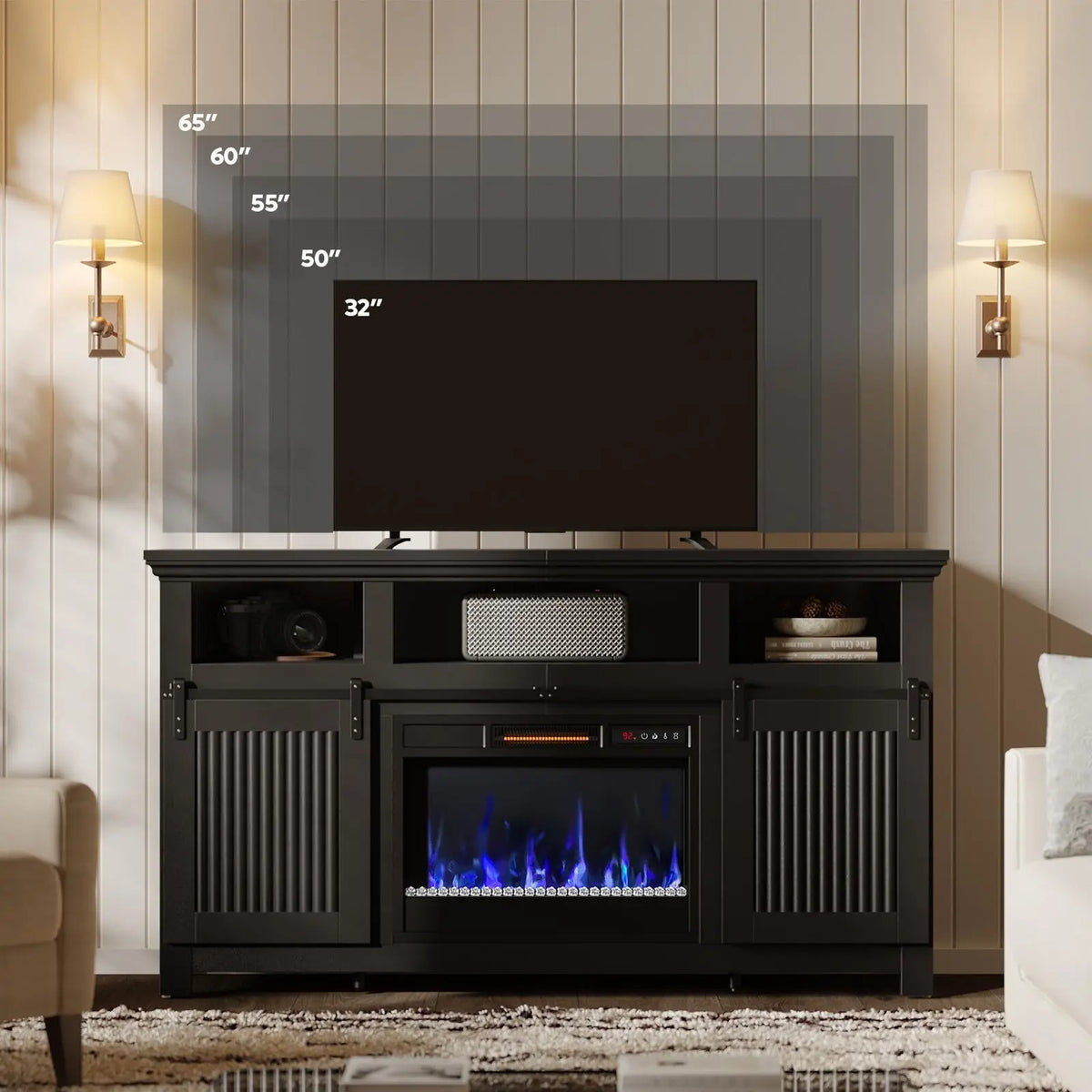 Bestier 60" Farmhouse Fireplace TV Stand - Fits 65" TVs, Sliding Barn Door Entertainment Center with Electric Fireplace Heater, Adjustable Shelves & Storage Cabinets for Living Room, Tv Stand Living Room Bestier