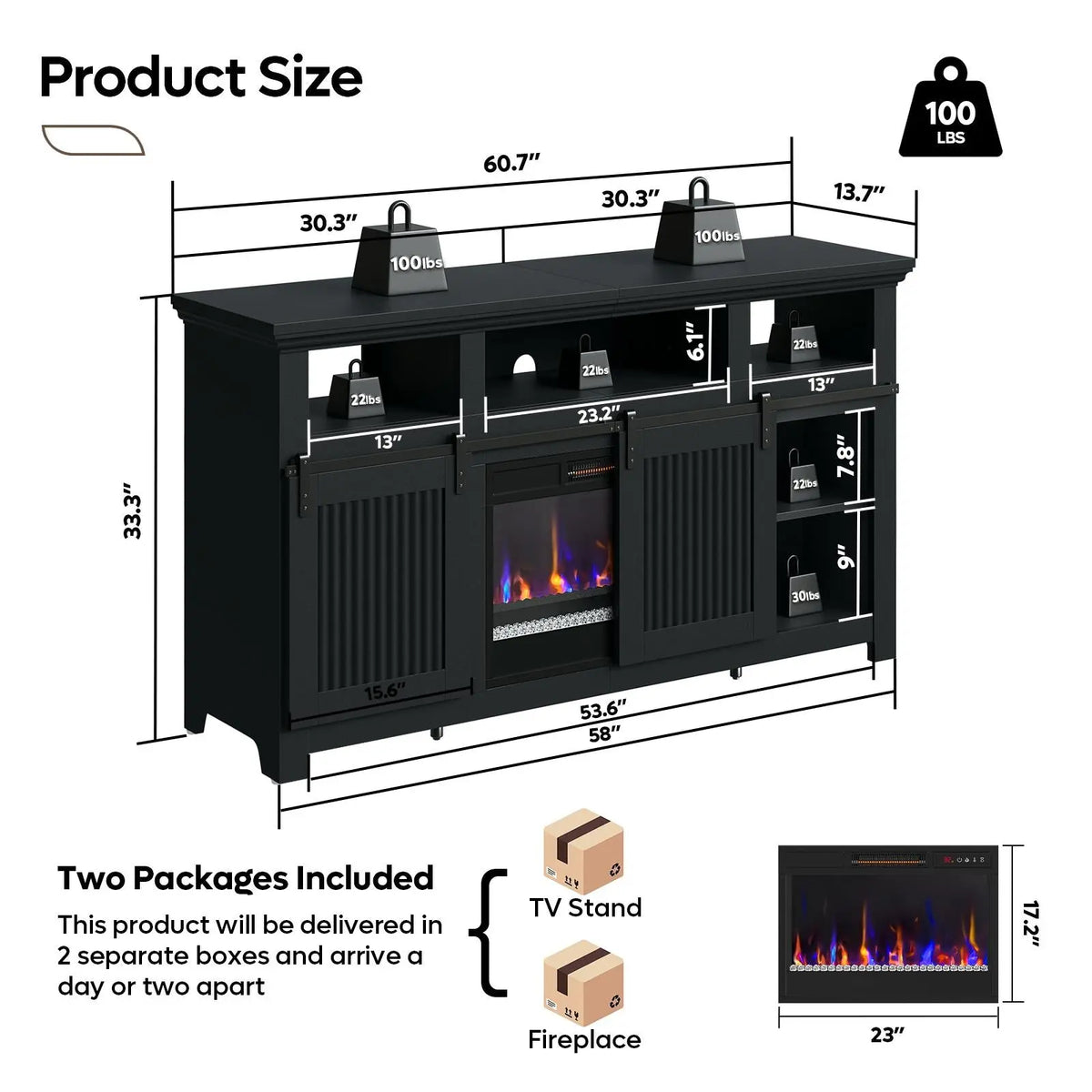 Bestier 60" Farmhouse Fireplace TV Stand - Fits 65" TVs, Sliding Barn Door Entertainment Center with Electric Fireplace Heater, Adjustable Shelves & Storage Cabinets for Living Room, Tv Stand Living Room Bestier