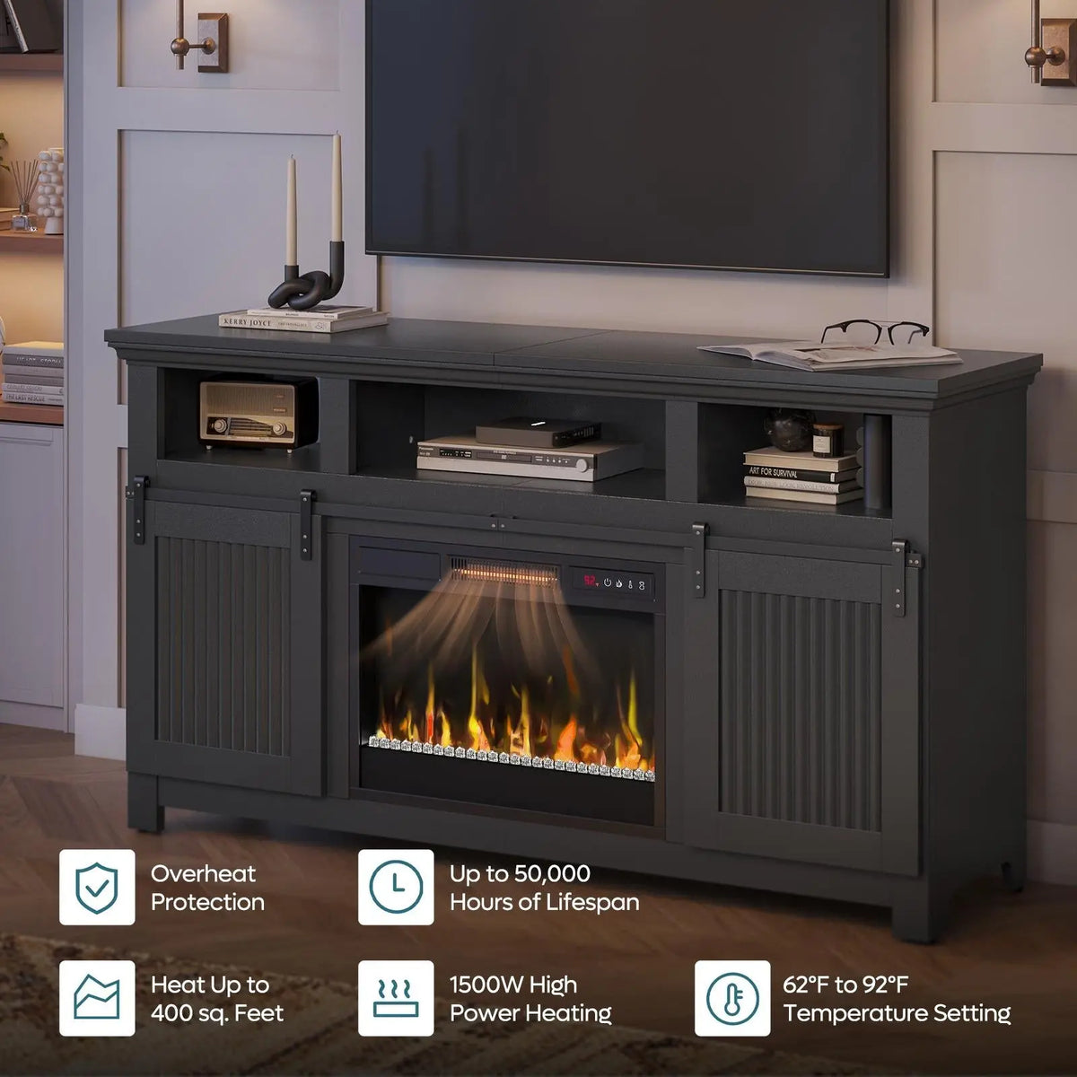 Bestier 60" Farmhouse Fireplace TV Stand - Fits 65" TVs, Sliding Barn Door Entertainment Center with Electric Fireplace Heater, Adjustable Shelves & Storage Cabinets for Living Room, Tv Stand Living Room Bestier