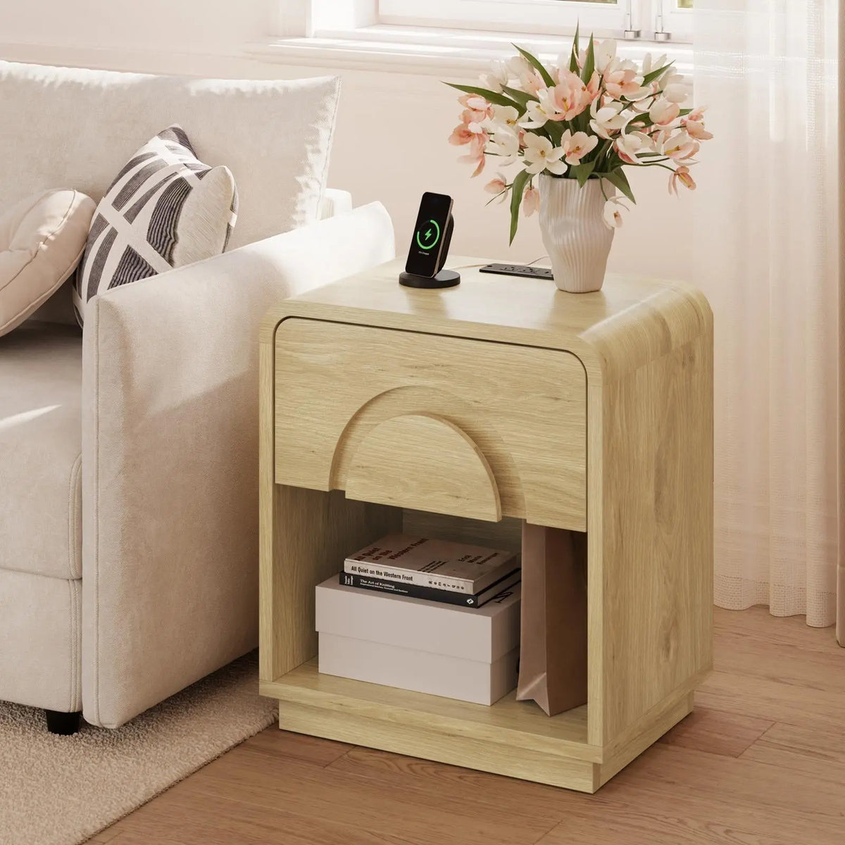 Bestier Engineered Wood Rectangle Pedestal Nightstand with Drawers - Modern LED Indoor Bedroom Furniture, Metal Single Unit Bedside Companion with 2 AC Outlets, Multiple Outlets Charging Station, Natural Oak, Glide Tidy Drawer, Assembly Required Bestier