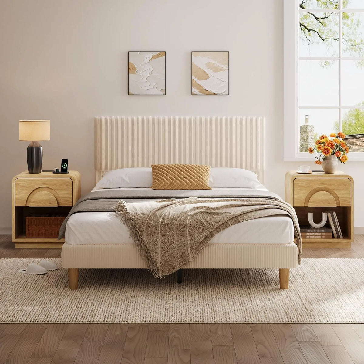 Bestier Engineered Wood Rectangle Pedestal Nightstand with Drawers - Modern LED Indoor Bedroom Furniture, Metal Single Unit Bedside Companion with 2 AC Outlets, Multiple Outlets Charging Station, Natural Oak, Glide Tidy Drawer, Assembly Required Bestier