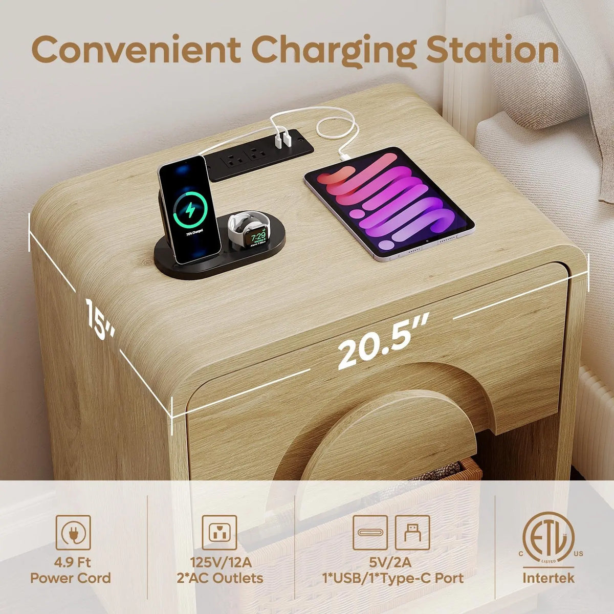 Bestier Engineered Wood Rectangle Pedestal Nightstand with Drawers - Modern LED Indoor Bedroom Furniture, Metal Single Unit Bedside Companion with 2 AC Outlets, Multiple Outlets Charging Station, Natural Oak, Glide Tidy Drawer, Assembly Required Bestier
