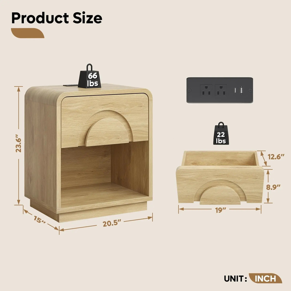 Bestier Engineered Wood Rectangle Pedestal Nightstand with Drawers - Modern LED Indoor Bedroom Furniture, Metal Single Unit Bedside Companion with 2 AC Outlets, Multiple Outlets Charging Station, Natural Oak, Glide Tidy Drawer, Assembly Required Bestier