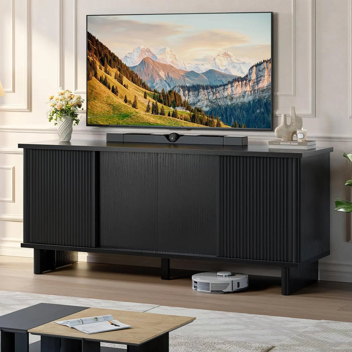 Bestier Mid Century Modern TV Stand for 65 Inch TV, Solid Wood Legs, Black Bestier