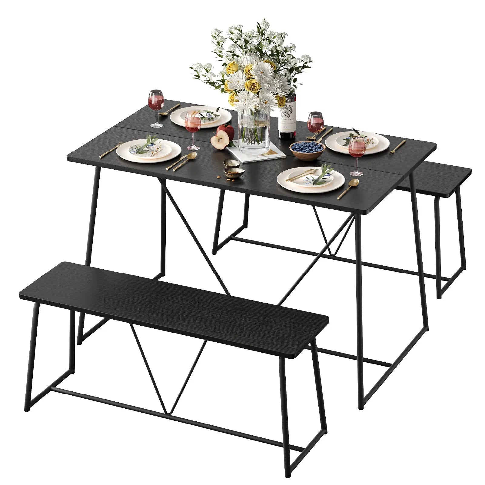 47.5 Inch Dining Table Set for 4, Modern Kitchen Room Table Set with 2 Benches, 3-Piece Dining Chairs Set for Breakfast Nook Bestier