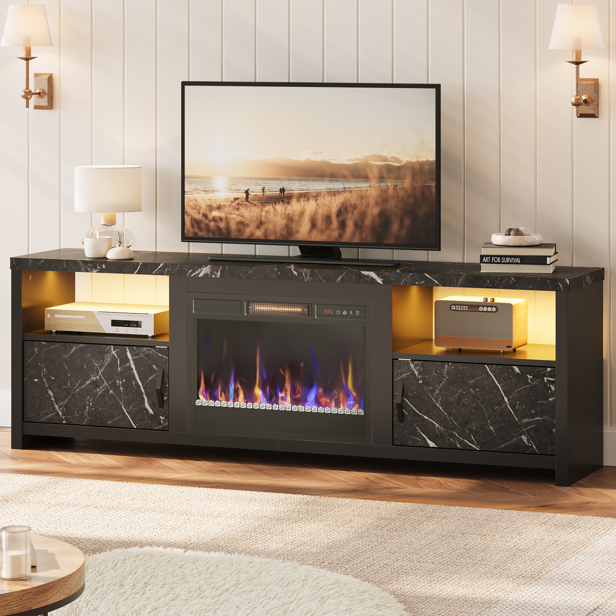 Bestier 71" Modern Fireplace TV Stand for TVs up to 75", LED Entertainment Center Gaming TV Console with 23" Remote Control Electric Fireplace