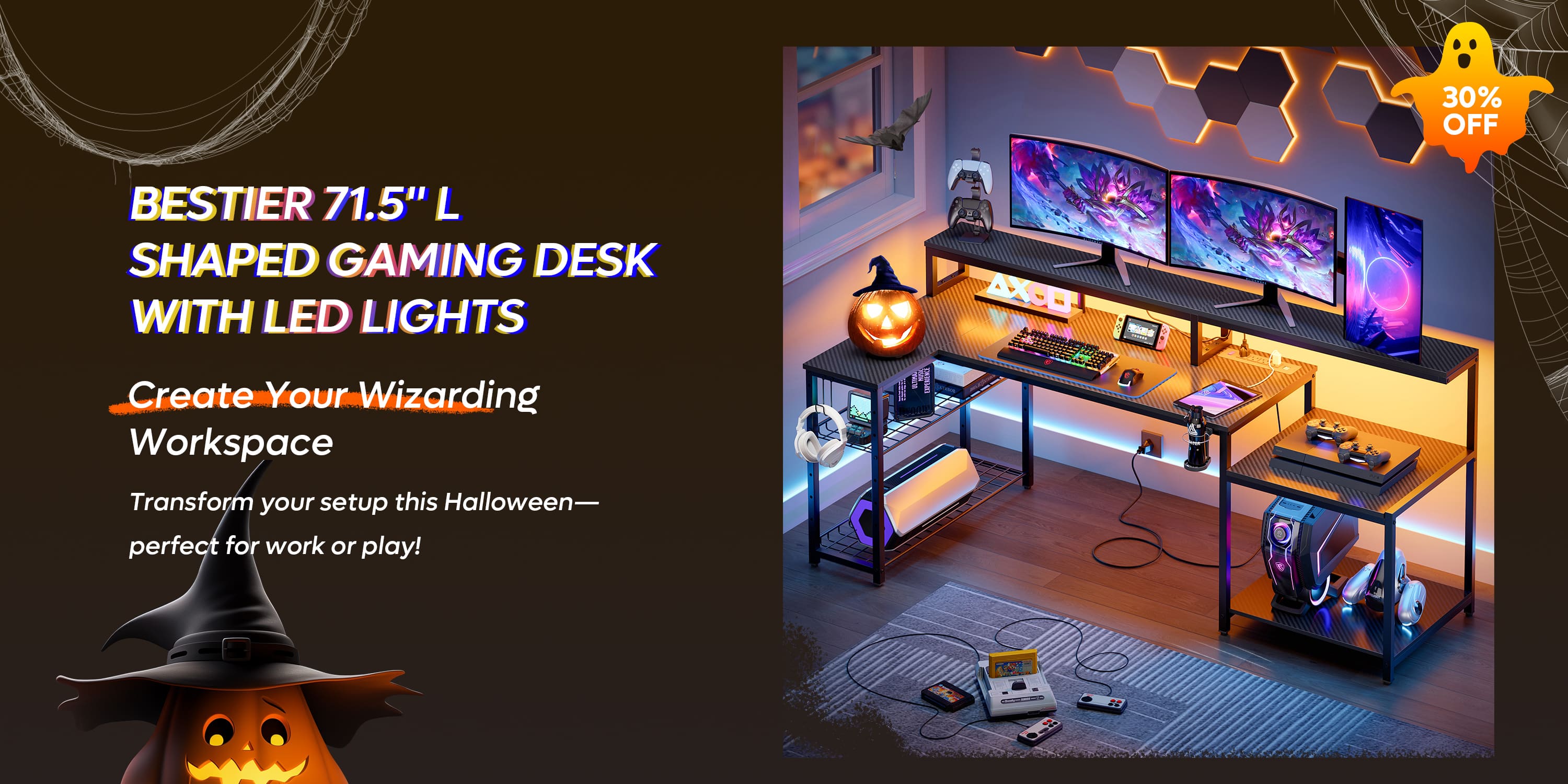 the halloween decoration on the l shaped desk