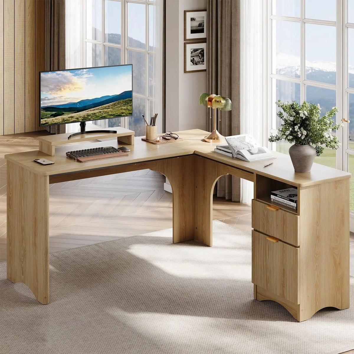 BESTIER Adjustable L-Shaped Ergonomic Gaming PC Desk - Office Furniture with Monitor Stand, A4 Drawer Fit, Open Shelf, Posture Support, Dual Monitor Compatibility, Sturdy Desks & Workstations, Assembly Required, Home Office Use Bestier