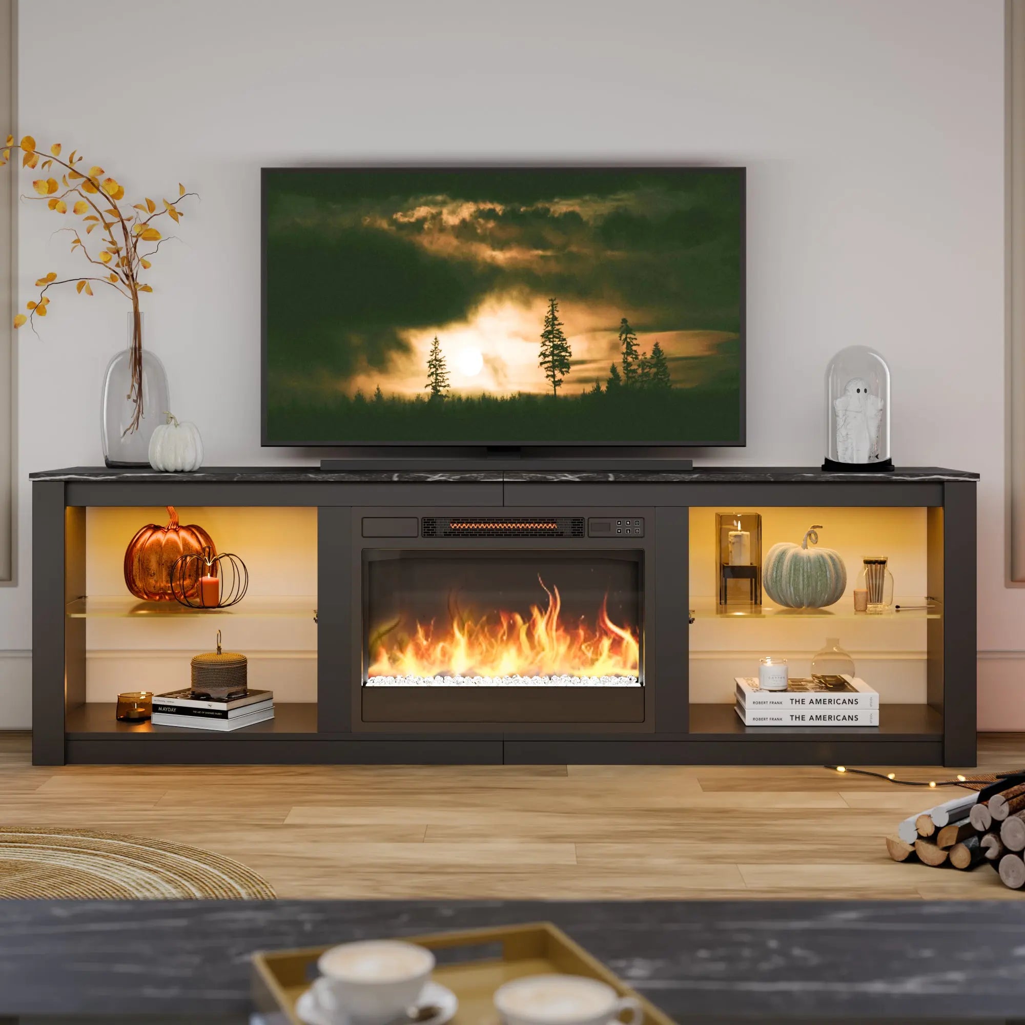 Bestier 70-inch Fireplace TV Stand with RGB Lights, Adjustable Glass Shelves & Remote Control Bestier