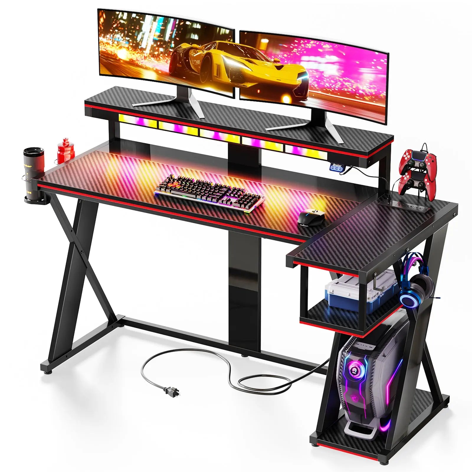 57-inch L-shaped Gaming Desk with RGB Music Sync Lights, 3 AC Outlets & Dual Cup Holders, Black Bestier