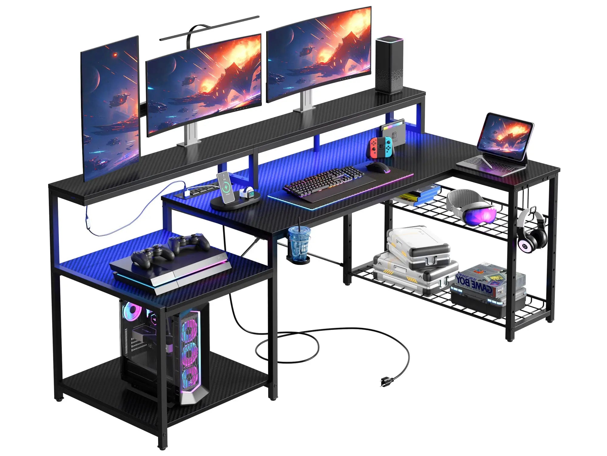 Gaming Desk with Power Outlet, 71.5 inch LED Computer Desk with Monitor Stand, L Shaped Large Desk with Metal Shelf, Cup Holder & Headset Hooks, Corner Desk for Bedroom 3D Carbon Fiber Bestier