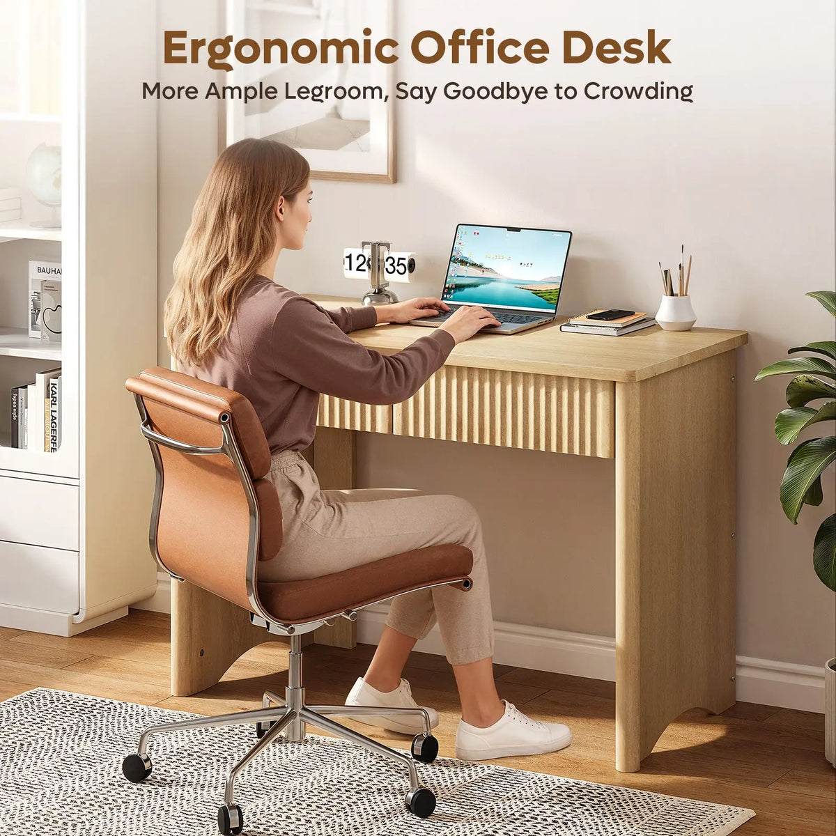 Bestier 40 In Fluted Wood Office Desk - Commercial Furniture with 2 Silent Drawers, Light Wood Finish Bestier
