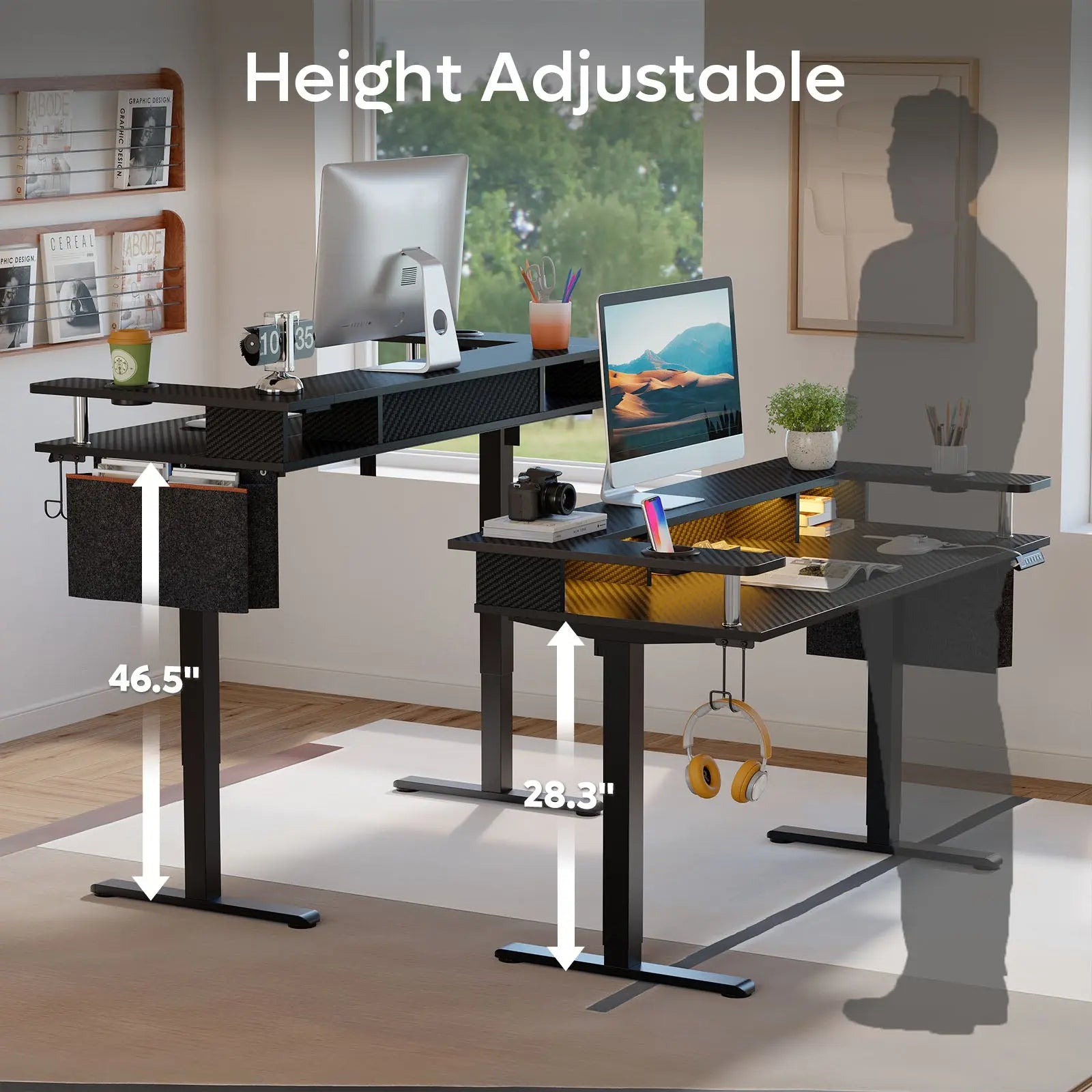 Bestier 58" black carbon fiber electric standing desk with monitor stand.