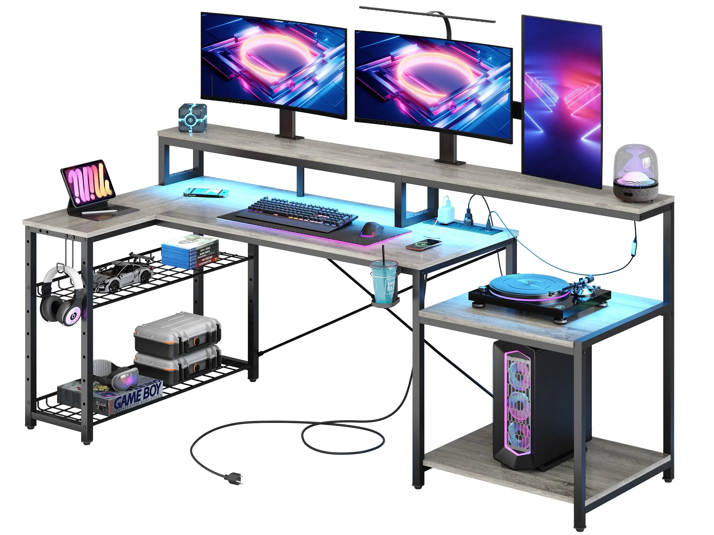 Bestier - L-Shaped Gaming Desk with Power Outlets, LED Lighting and Monitor Stand Bestier