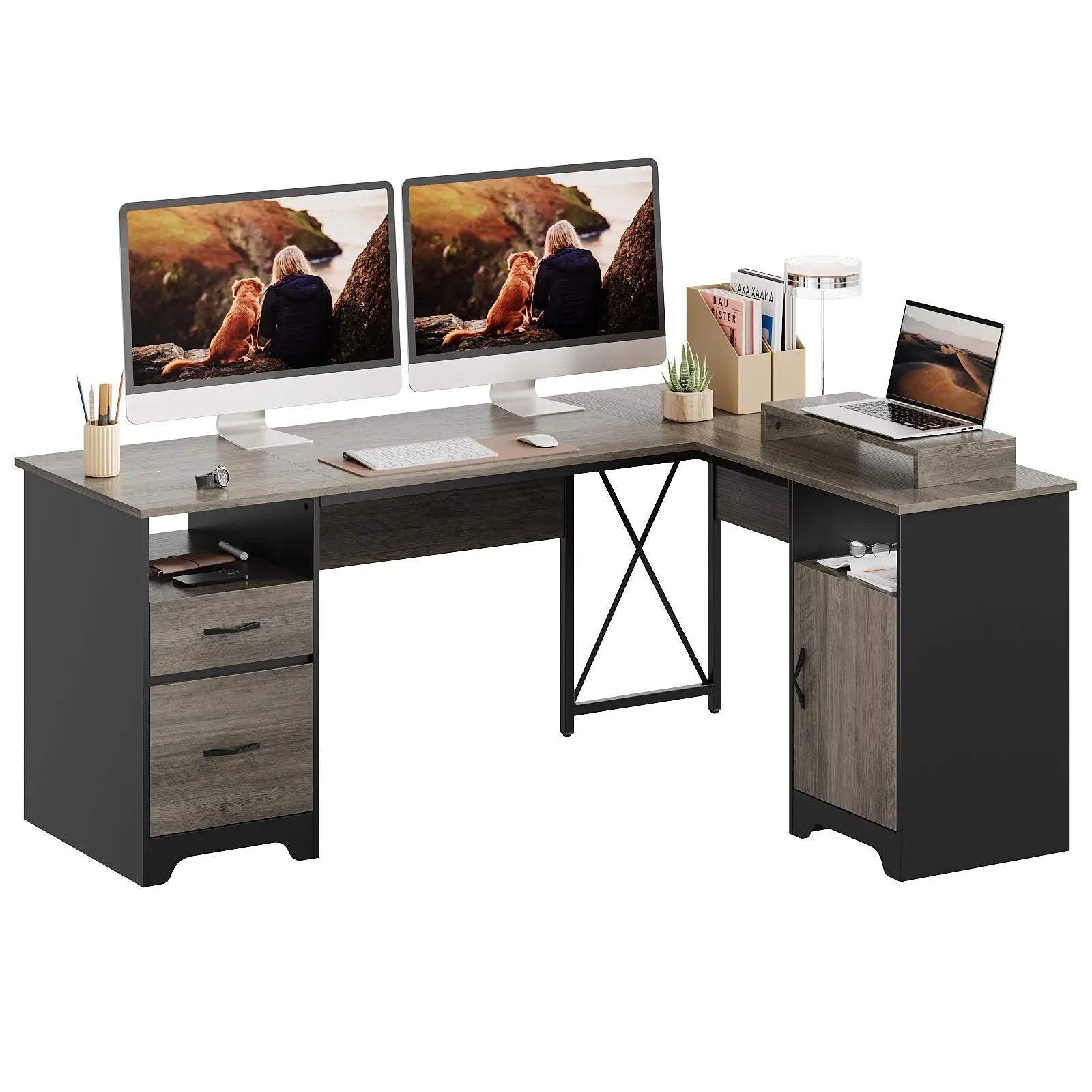 Bestier L Shaped Desk with File DrawersBestier 63" Farmhouse L Shaped Desk Office Computer Desk with Charging Station & Cabinet, Corner Desk with File Drawers for Home Office Bestier