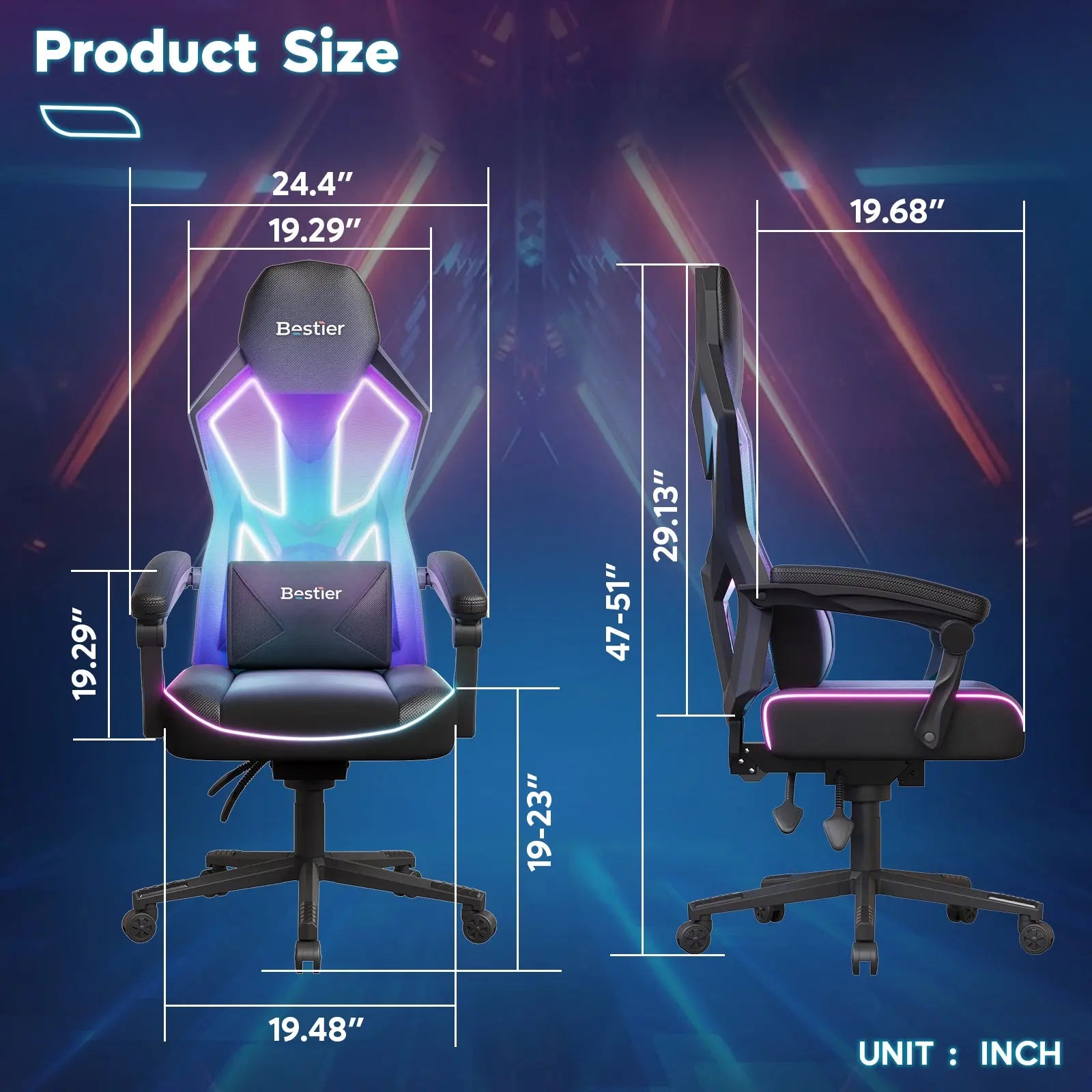 Bestier LED high-back gaming chair dimensions & size chart