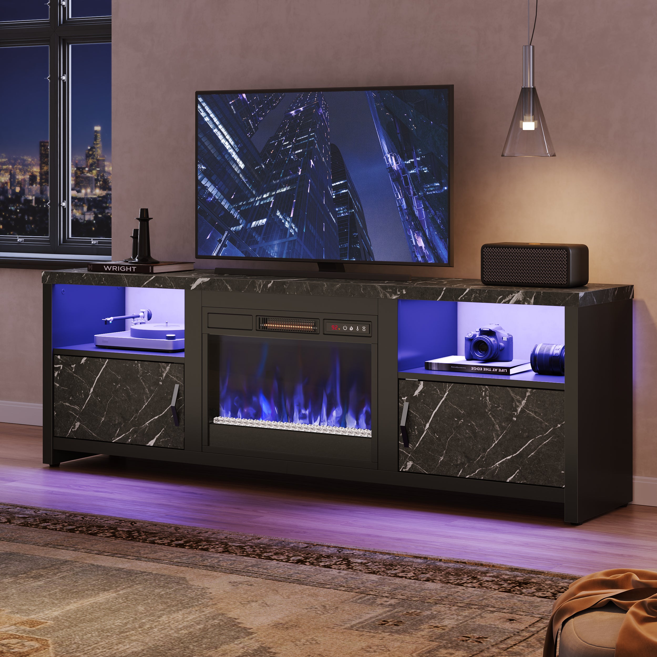 Bestier 71" Modern Fireplace TV Stand for TVs up to 75", LED Entertainment Center Gaming TV Console with 23" Remote Control Electric Fireplace