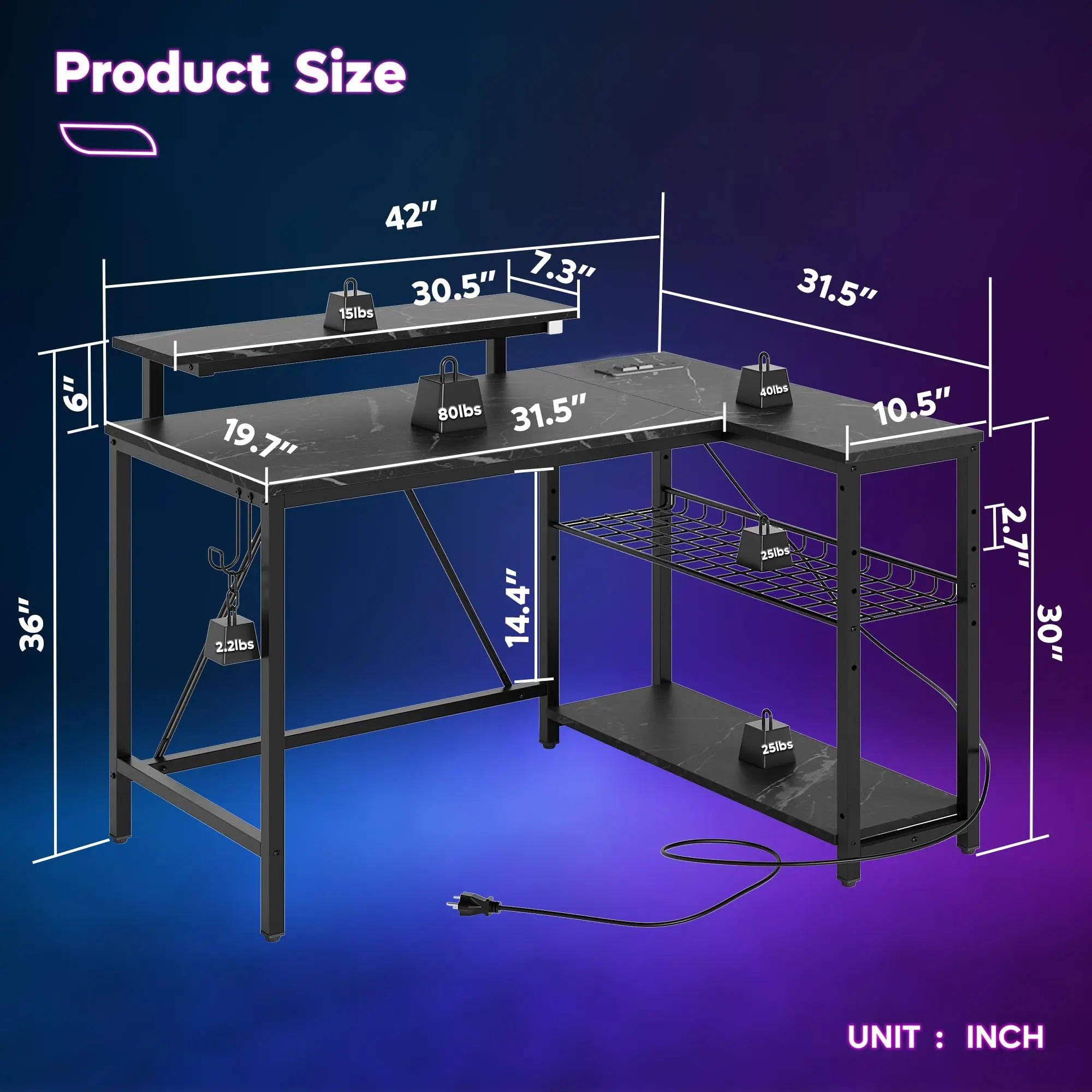 Bestier 42" Reversible L-Shaped Gaming Desk with Power Outlets LED Lights and Monitor Stand &Storage Shelves & Hooks for Bedrooms & Home Offices Bestier