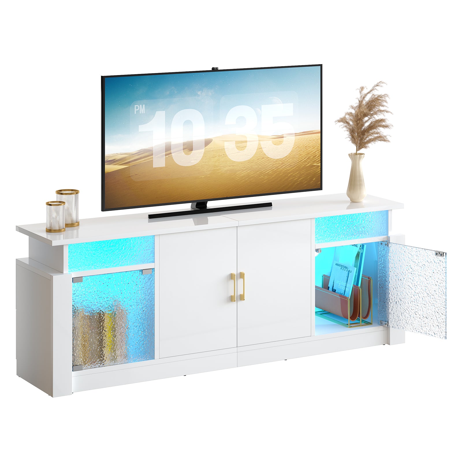 Modern TV Stand for 55-65" TVs, LED-Lit Entertainment Center with Adjustable Shelves, Enclosed Storage & Transparent Acrylic Doors for Living Room & Gaming Rooms