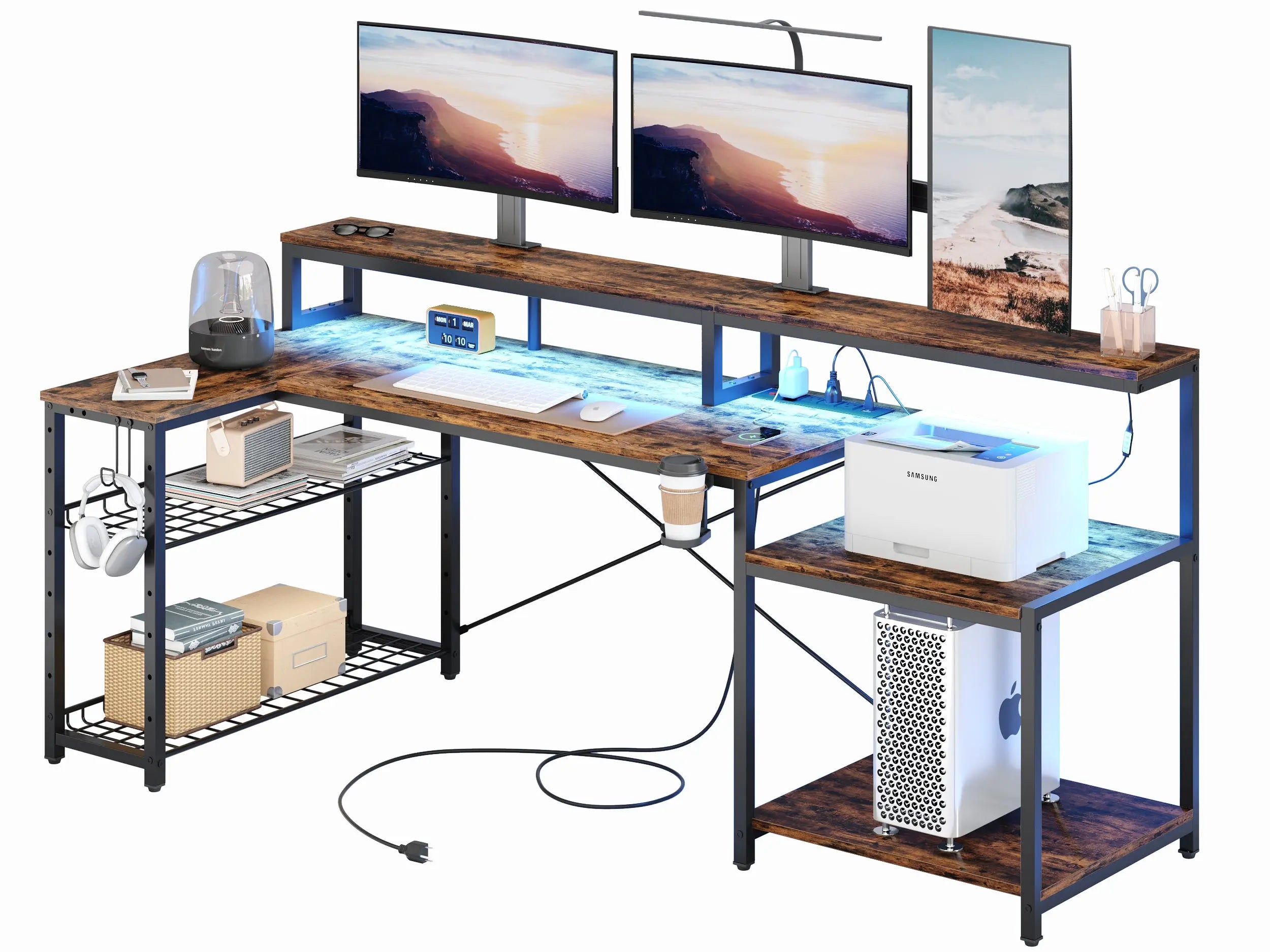 Bestier - L-Shaped Gaming Desk with Power Outlets, LED Lighting and Monitor Stand Bestier