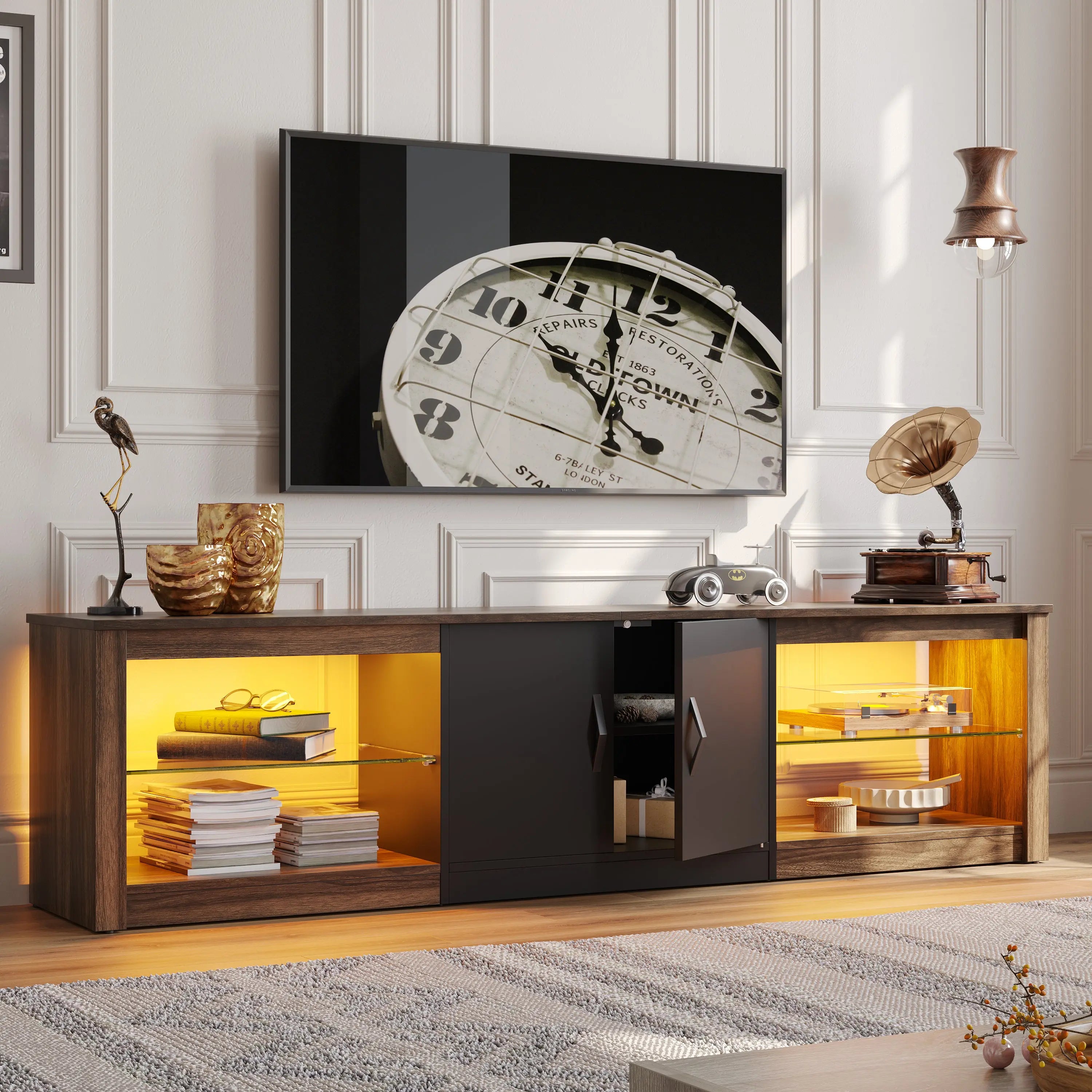 71-inch Gaming TV Stand with RGB Lights & Adjustable Glass Shelves, Walnut Bestier