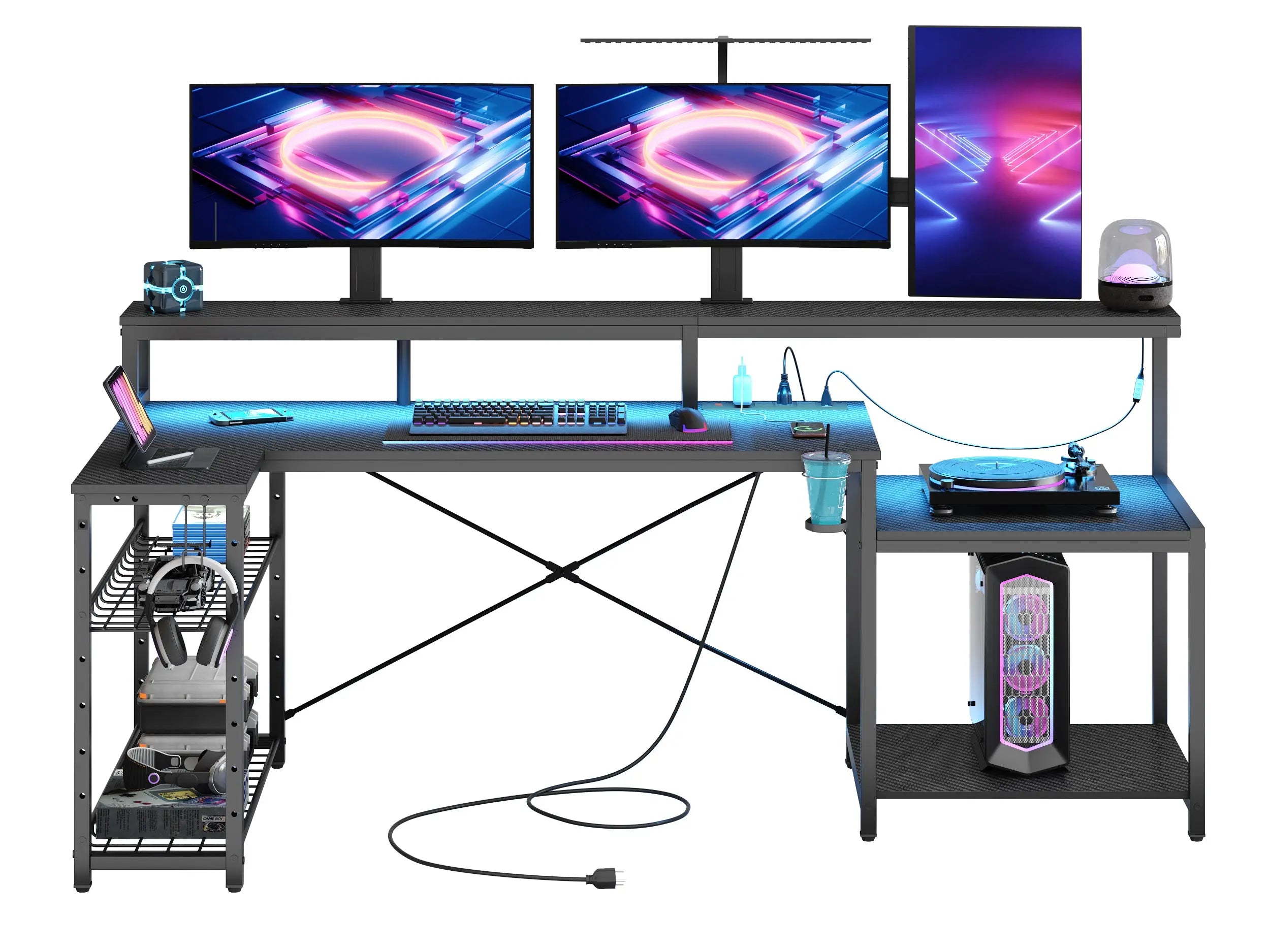 Bestier - L-Shaped Gaming Desk with Power Outlets, LED Lighting and Monitor Stand Bestier