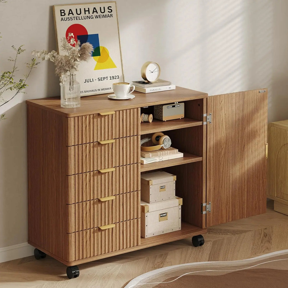 Bestier Office Storage Cabinet with 5 Drawers and Adjustable Shelf, Brown Commercial Office Furniture, Drawers + Shelves Bestier