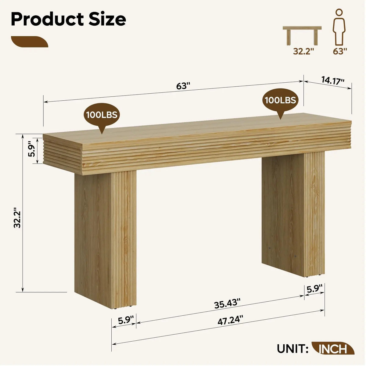 Bestier 63” Console Table, Wood Entryway Table for Living Room Hallway, Oak Bestier