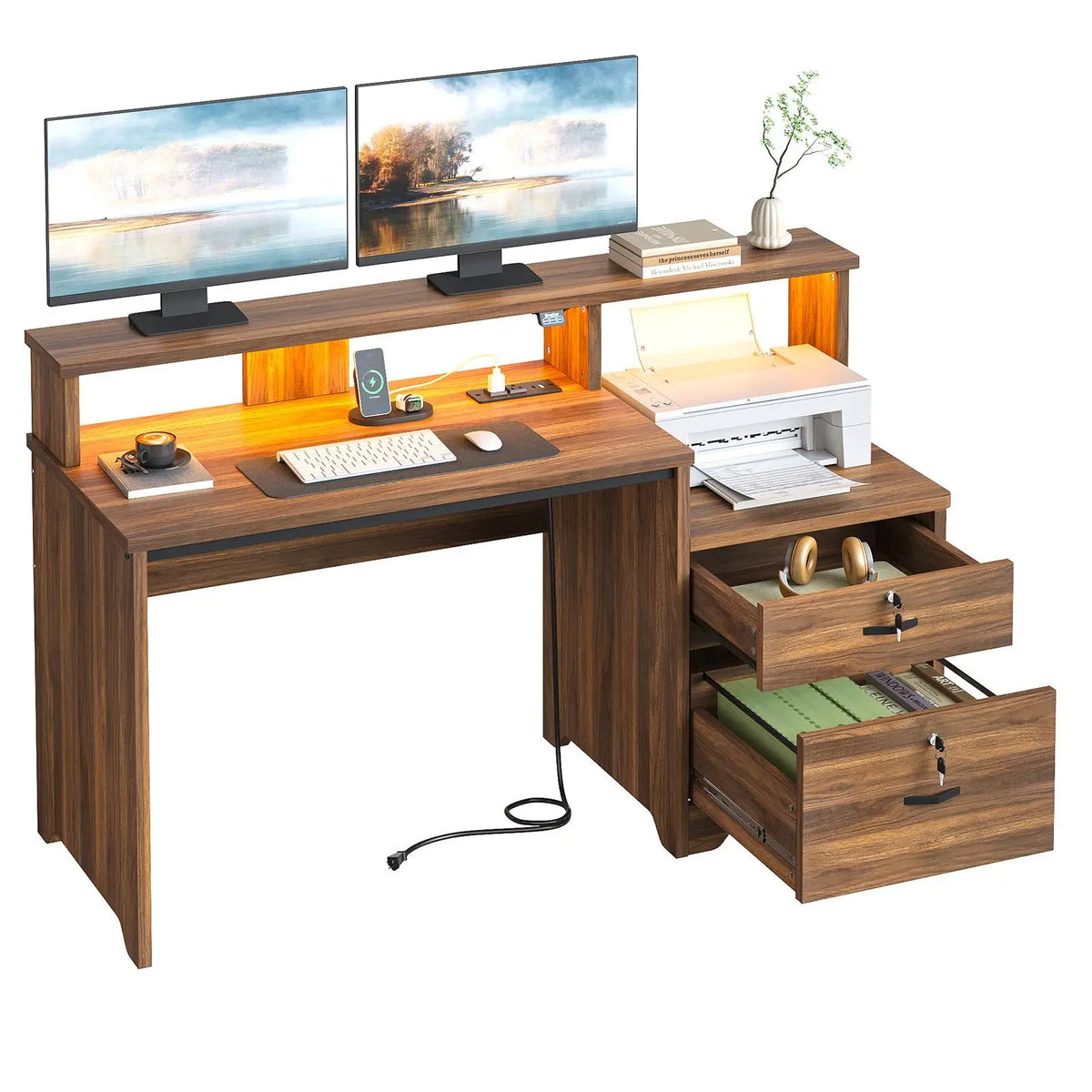 Bestier 55-Inch Computer Desk with Lock File Drawer & Charging Hub, Walnut Bestier
