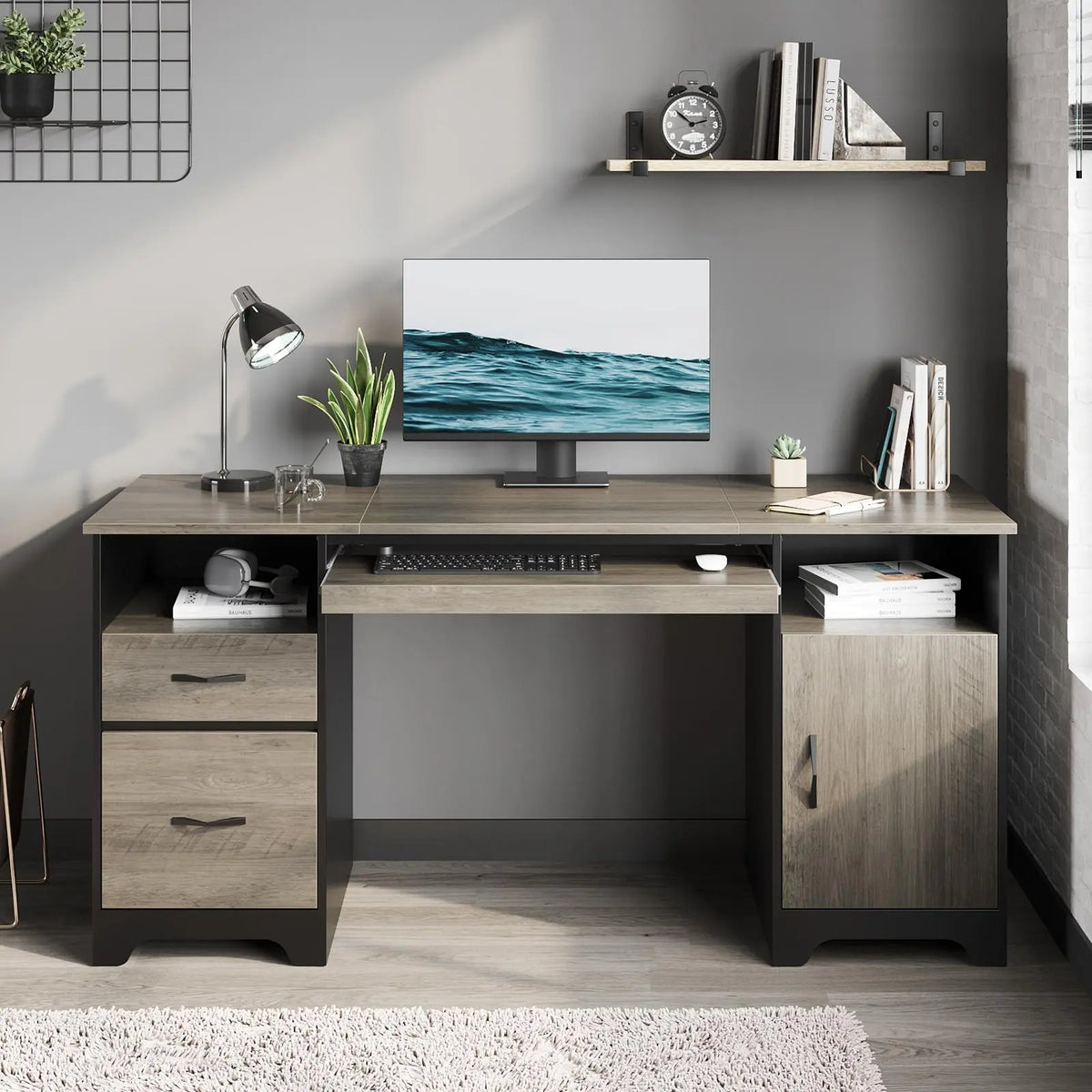 59" Home Office Computer Desk with Drawers, File Cabinet & Keyboard Tray, Executive Workstation Bestier