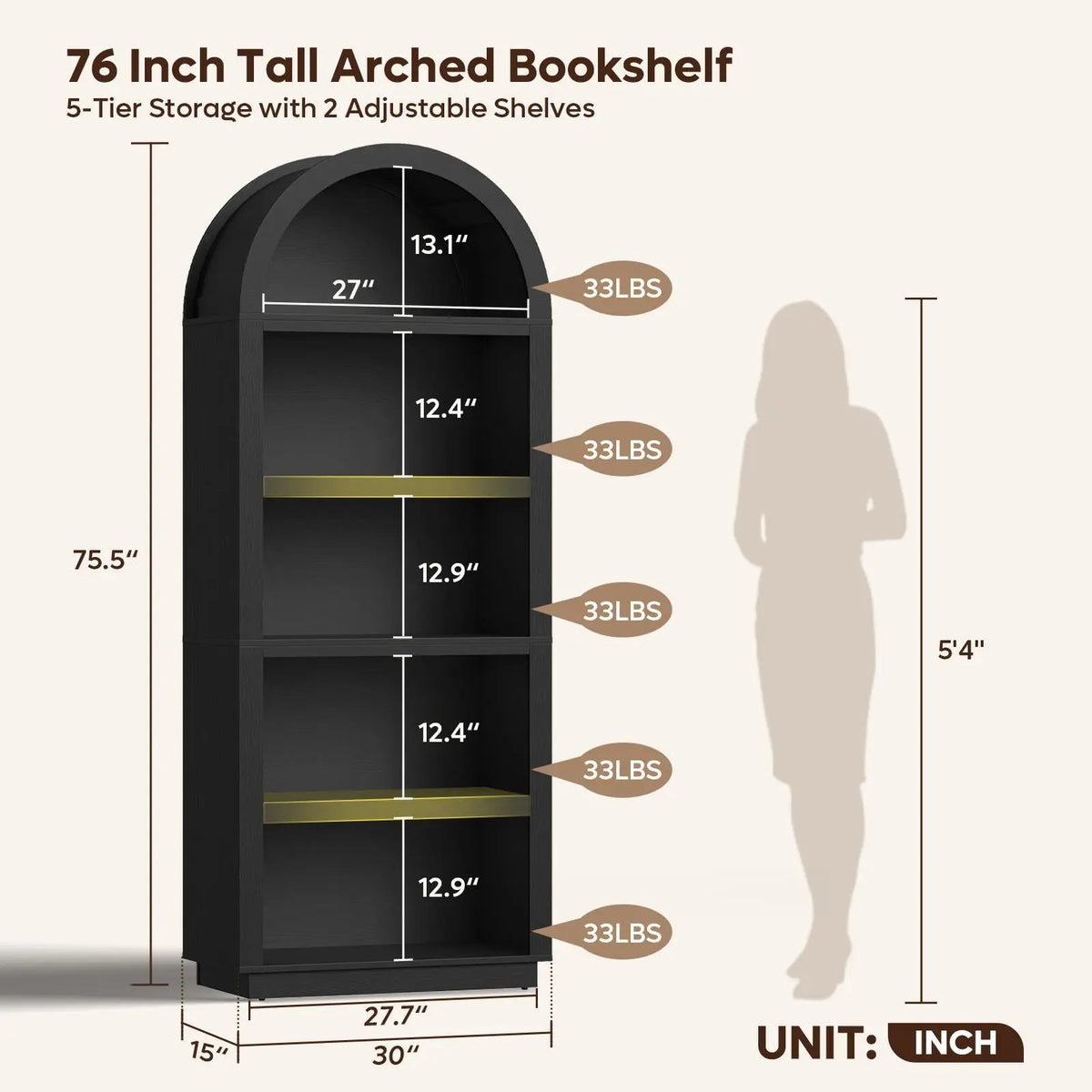 Bestier 76 in Tall Arched Bookshelf, 5-Tier Mid-Century Open Display Wood Bookcase with Adjustable Shelves for Bedroom, Home Office, Black Oak Bestier