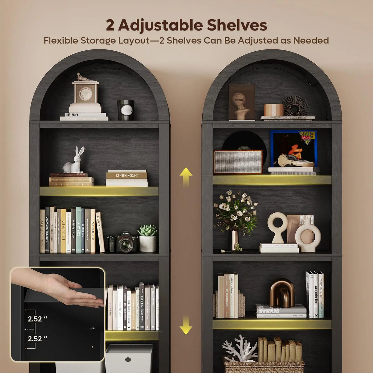 Bestier 76 in Tall Arched Bookshelf, 5-Tier Mid-Century Open Display Wood Bookcase with Adjustable Shelves for Bedroom, Home Office, Black Oak Bestier