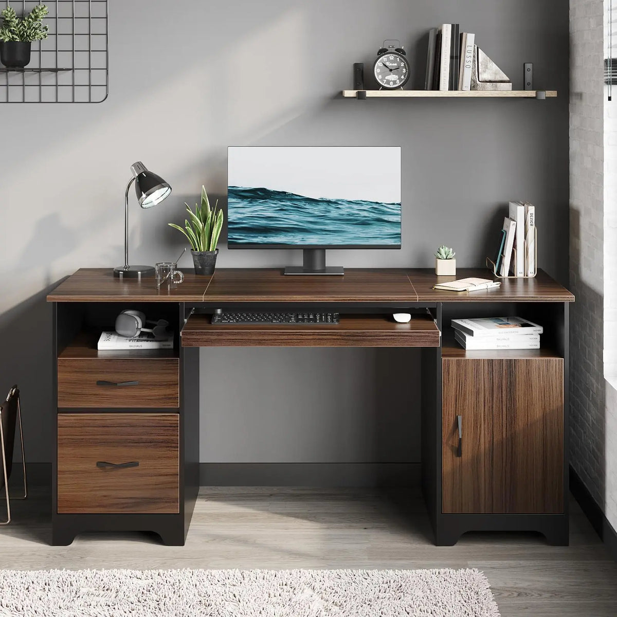 59" Home Office Computer Desk with Drawers, File Cabinet & Keyboard Tray, Executive Workstation Bestier