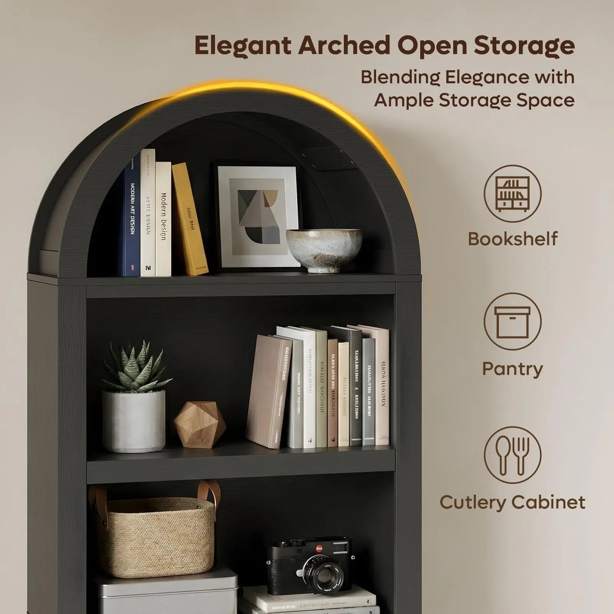Bestier 76 in Tall Arched Bookshelf, 5-Tier Mid-Century Open Display Wood Bookcase with Adjustable Shelves for Bedroom, Home Office, Black Oak Bestier