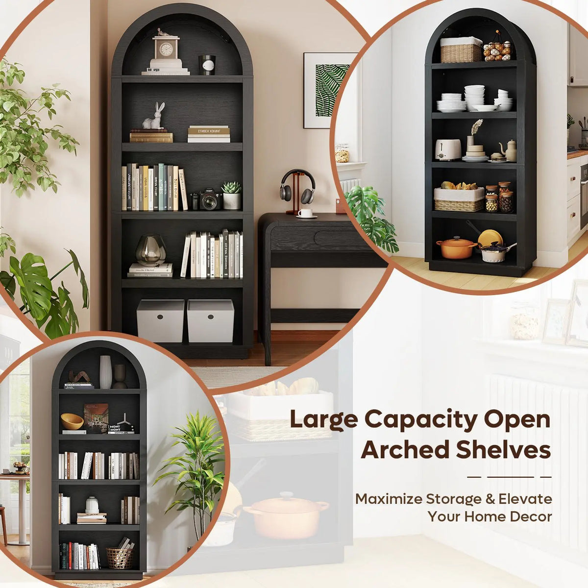 Bestier 76 in Tall Arched Bookshelf, 5-Tier Mid-Century Open Display Wood Bookcase with Adjustable Shelves for Bedroom, Home Office, Black Oak Bestier