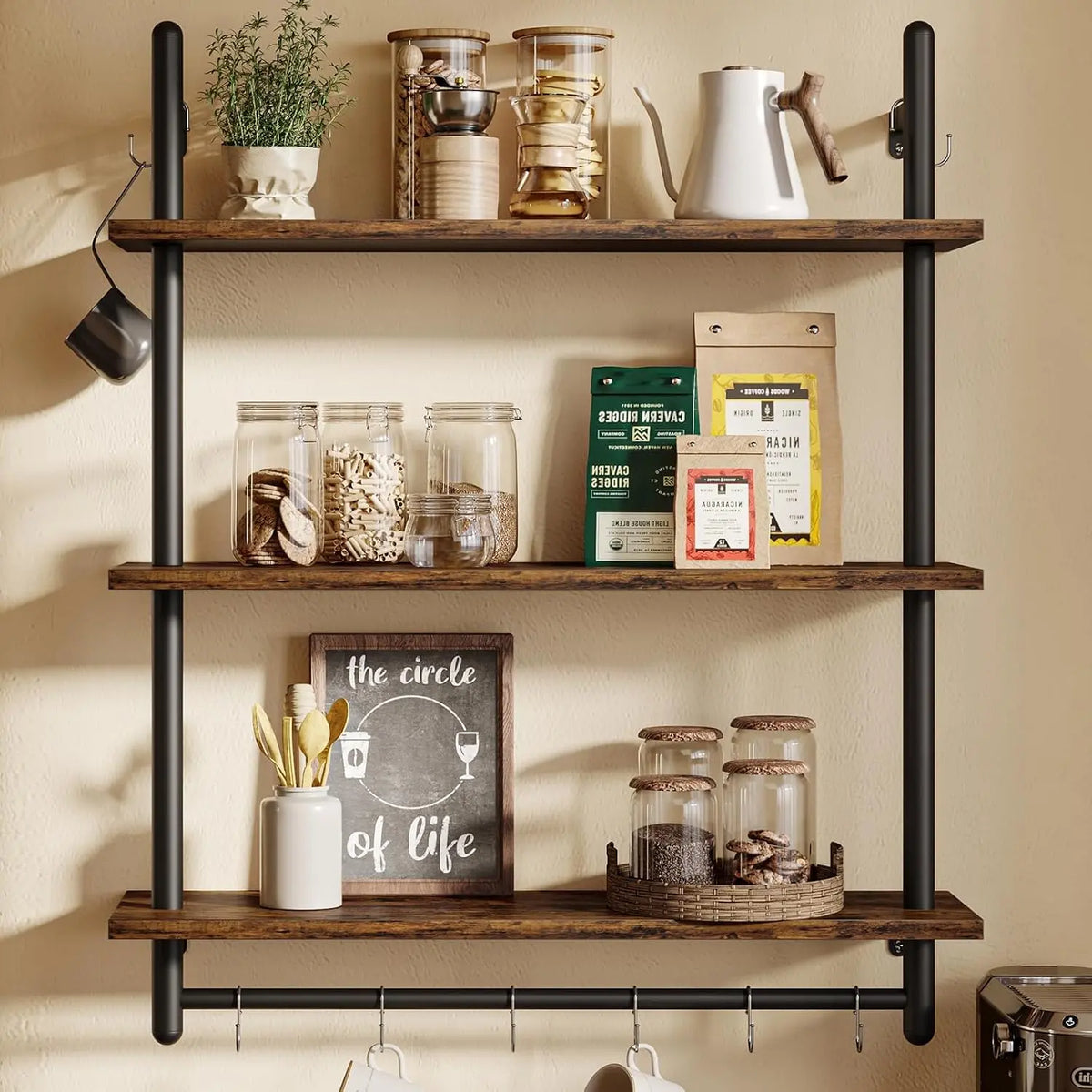 Bestier 2/3/4-Tier Wall-Mounted Shelves with Hooks, Open Storage for Home Office, Living Room & Bedroom, Rustic Brown Bestier