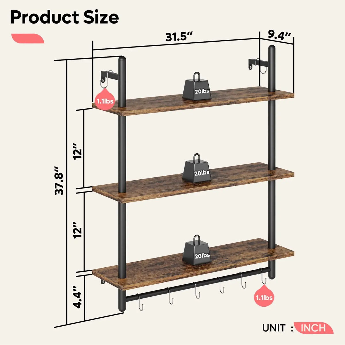 Bestier 2/3/4-Tier Wall-Mounted Shelves with Hooks, Open Storage for Home Office, Living Room & Bedroom, Rustic Brown Bestier