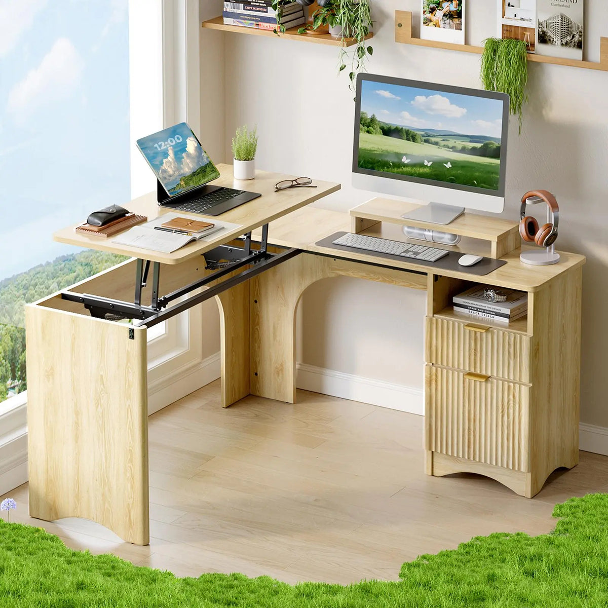 Bestier 55" L-Shaped Office Desk with Lift Top, Fluted Drawers, Brown Oak Finish Bestier