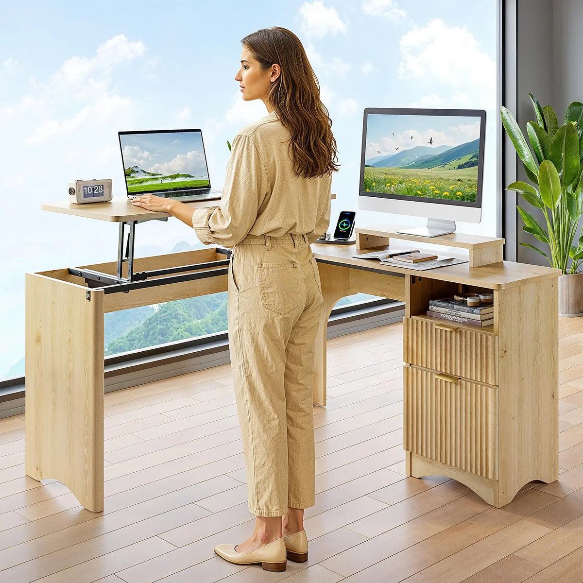 Bestier 55" L-Shaped Office Desk with Lift Top, Fluted Drawers, Brown Oak Finish Bestier