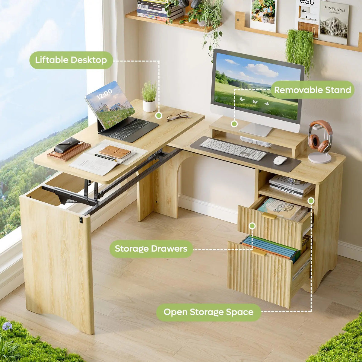 Bestier 55" L-Shaped Office Desk with Lift Top, Fluted Drawers, Brown Oak Finish Bestier